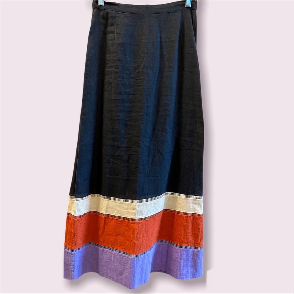Italian Black Linen Skirt with Multicolour Hem